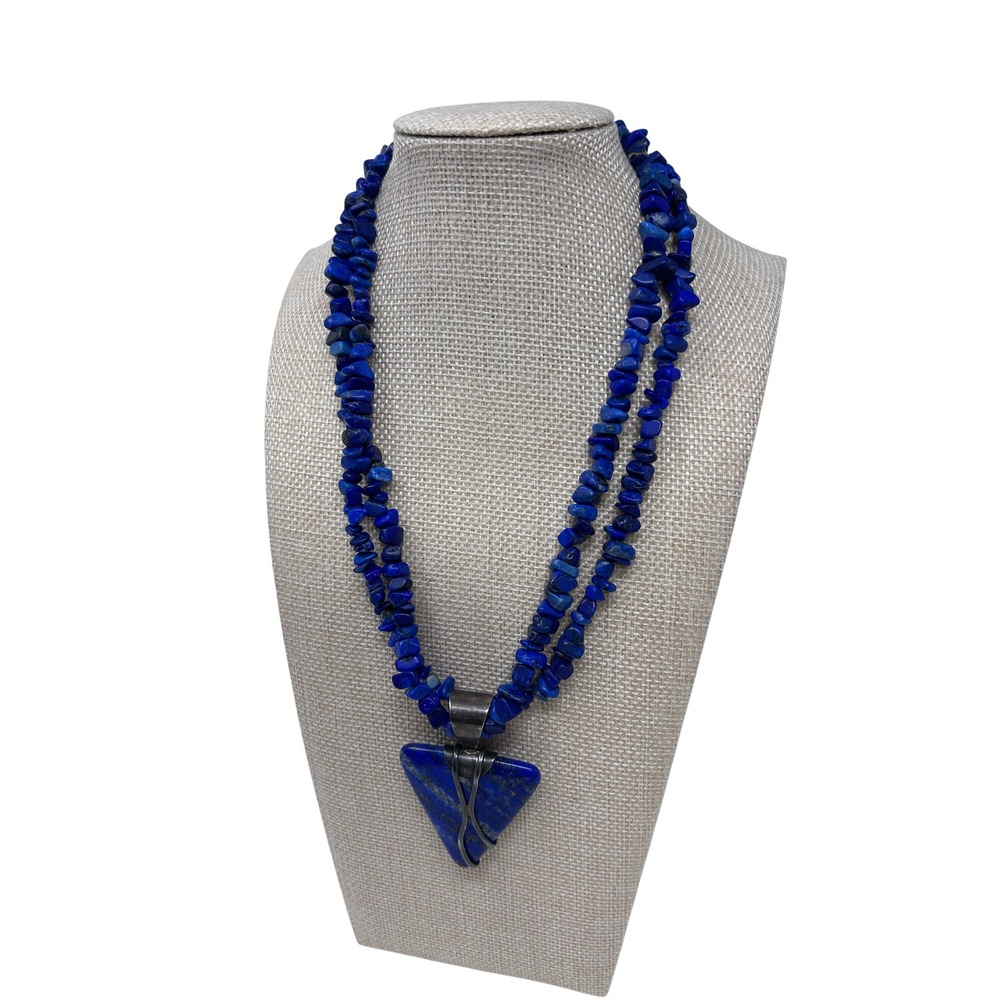 Sterling Silver Lapis Lazuli Chip Double Strand Triangle Pendant Necklace 94g